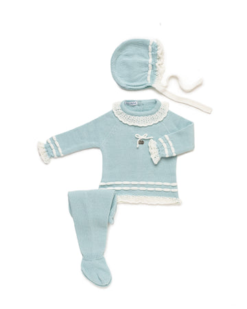 3-Piece Newborn Set with Striped Pattern on Hem and Sleeves and Ruffle, Including Matching Blanket