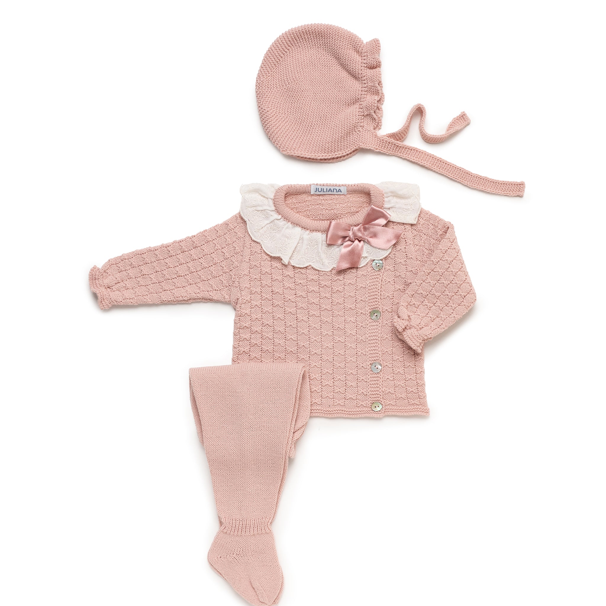 4-Piece Newborn Set with Cable Knit and Lace Collar, Including Matching Blanket