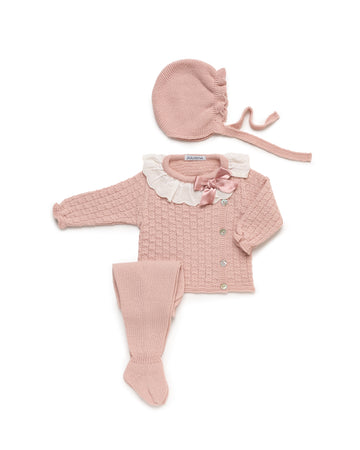 4-Piece Newborn Set with Cable Knit and Lace Collar, Including Matching Blanket