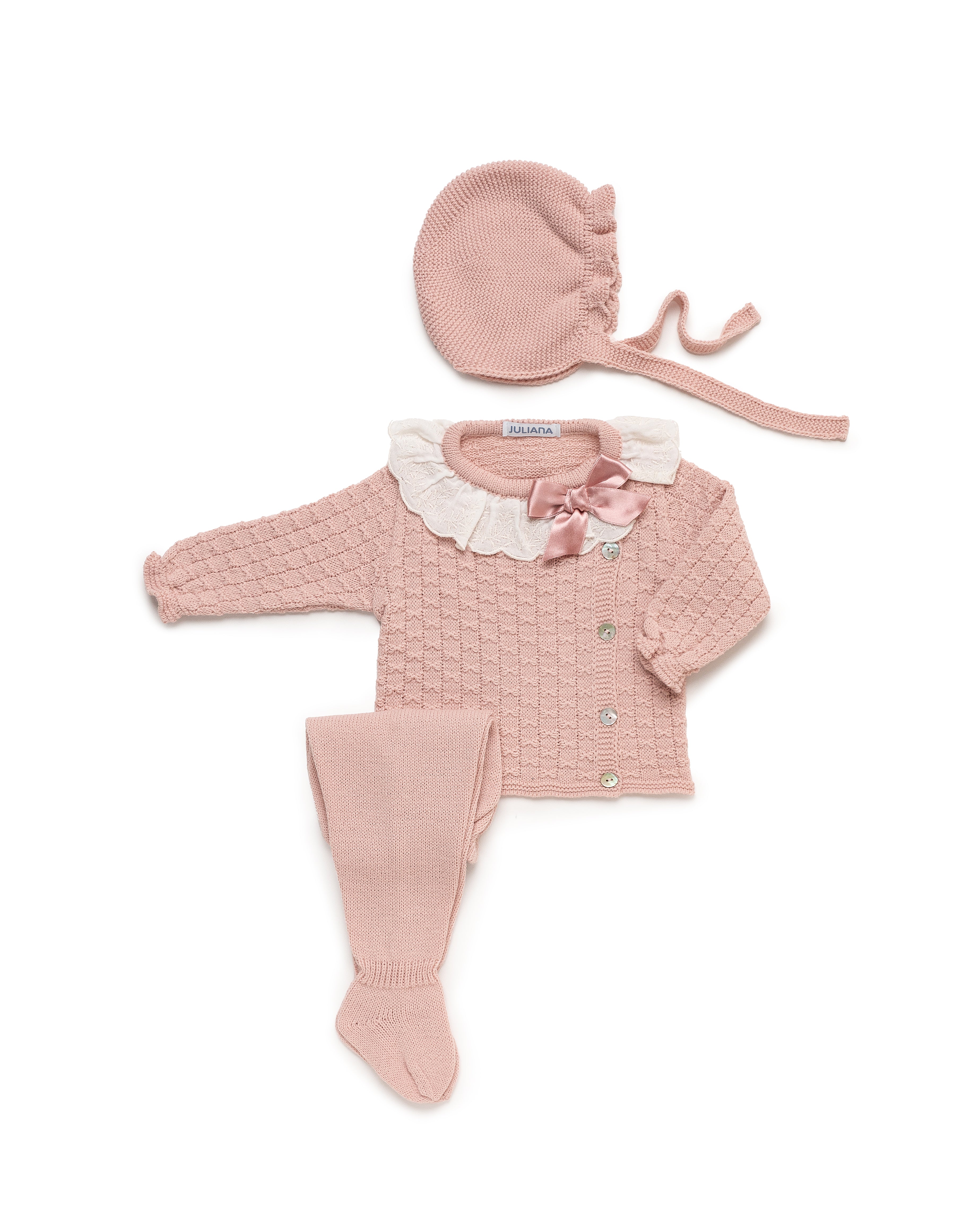 4-Piece Newborn Set with Cable Knit and Lace Collar, Including Matching Blanket