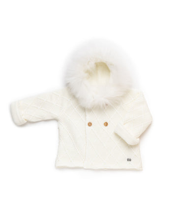 Knitted Coat with Diamond Pattern and Natural Fur Hood