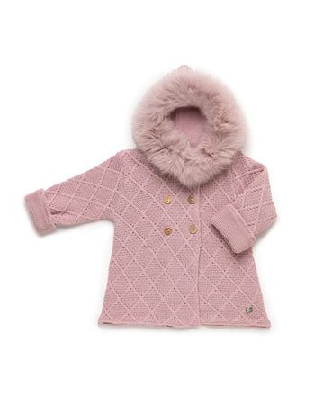 Knitted Coat with Diamond Pattern and Natural Fur Hood