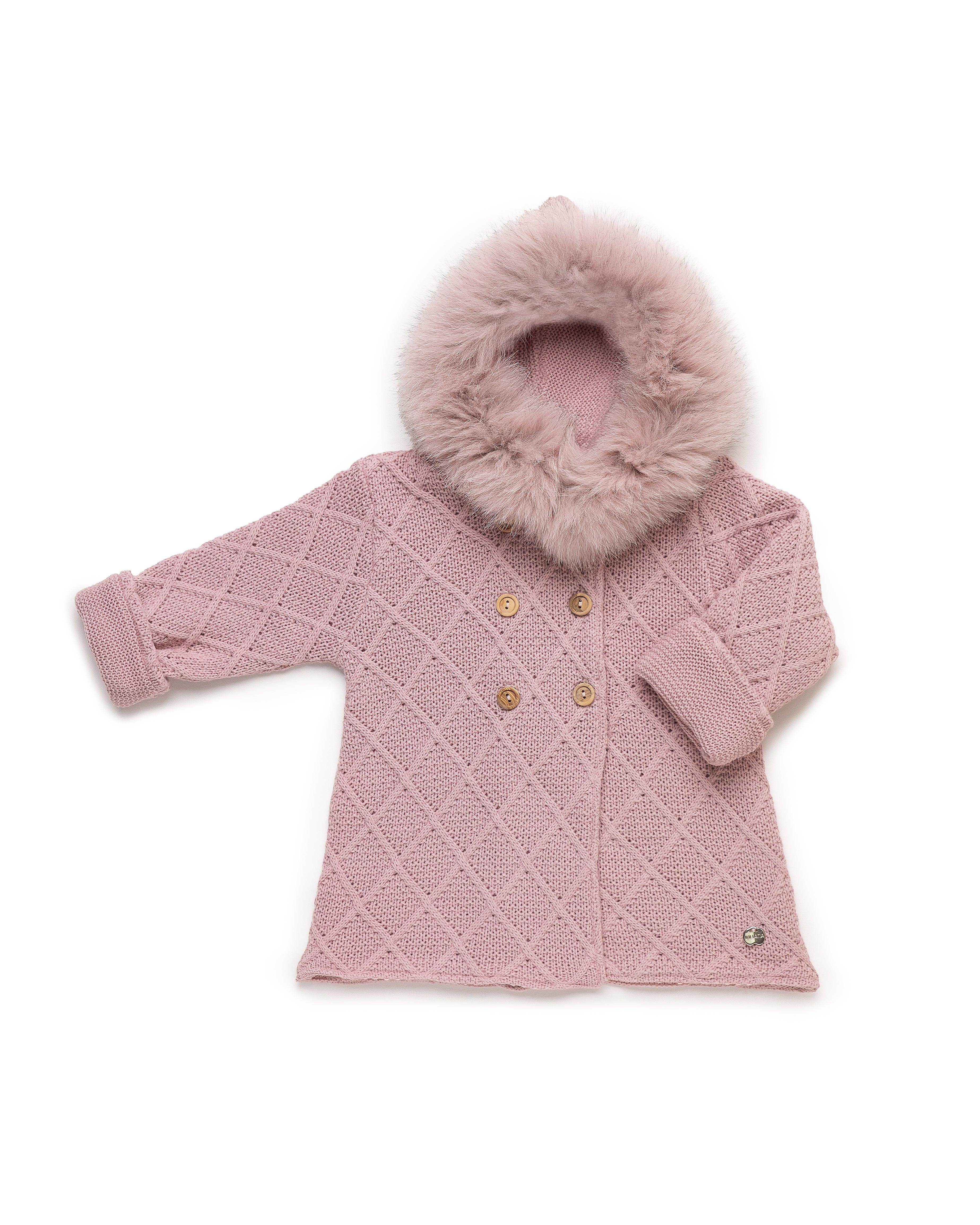 Knitted Coat with Diamond Pattern and Natural Fur Hood