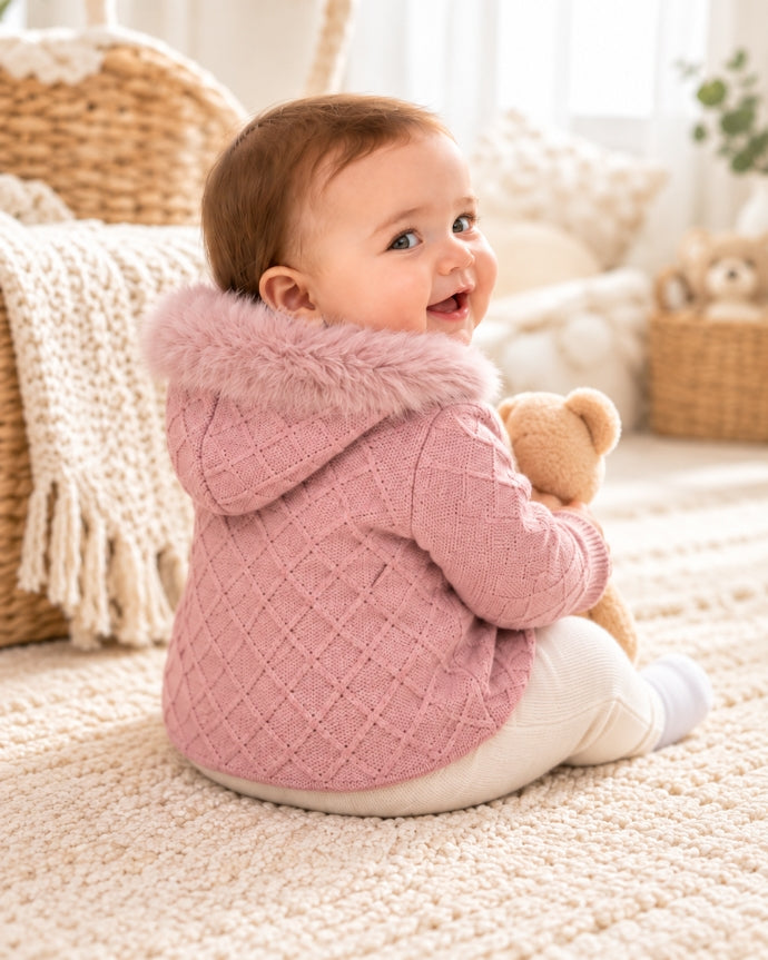Knitted Coat with Diamond Pattern and Natural Fur Hood