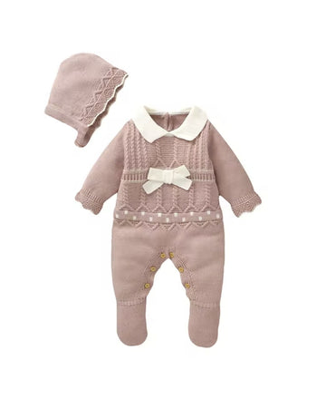 Romper with Shirt Collar, Leg Buttons With Matching Beanie