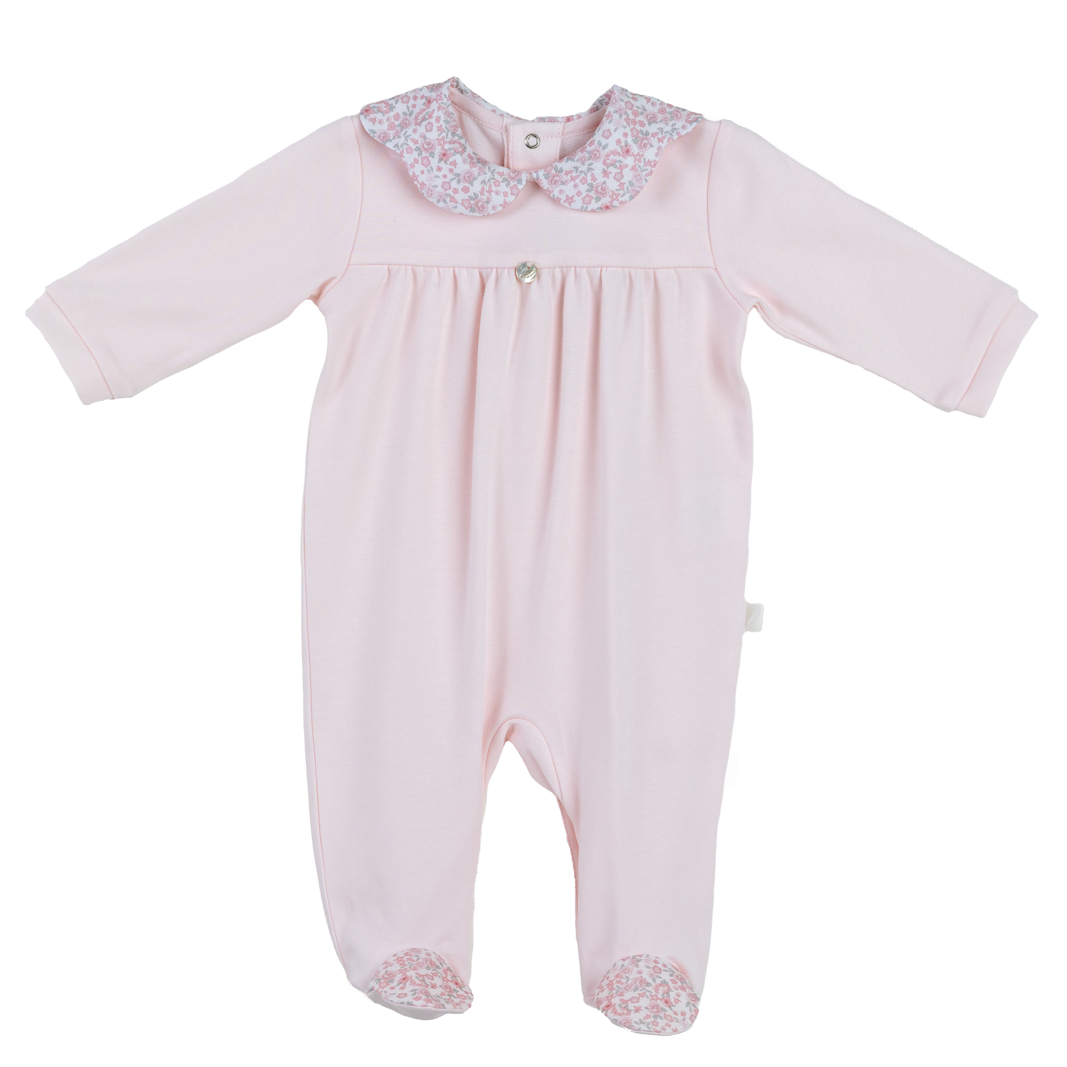 Baby Girl Romper With Floral Collar and Footies - 100% Cotton