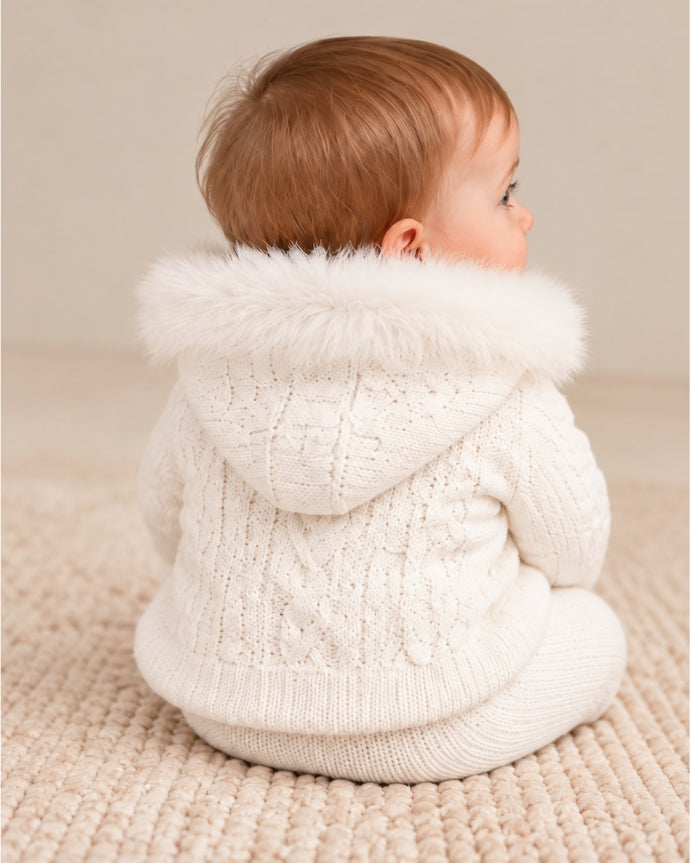Knitted Coat with Diamond Pattern and Natural Fur Hood